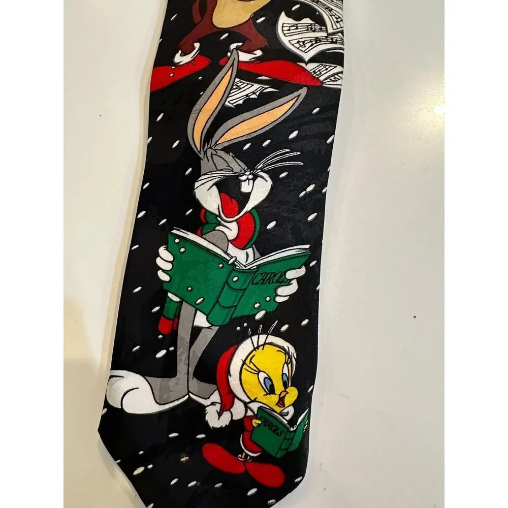 Looney Tunes Mania Black Christmas Golf 100% Silk Neck Tie